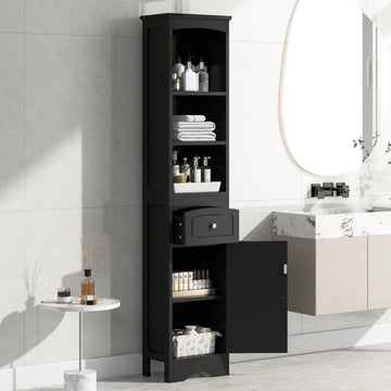 Tall Bathroom Cabinet, Freestanding Storage Cabinet With Drawer, Mdf Board, Adjustable Shelf, Black Black Mdf