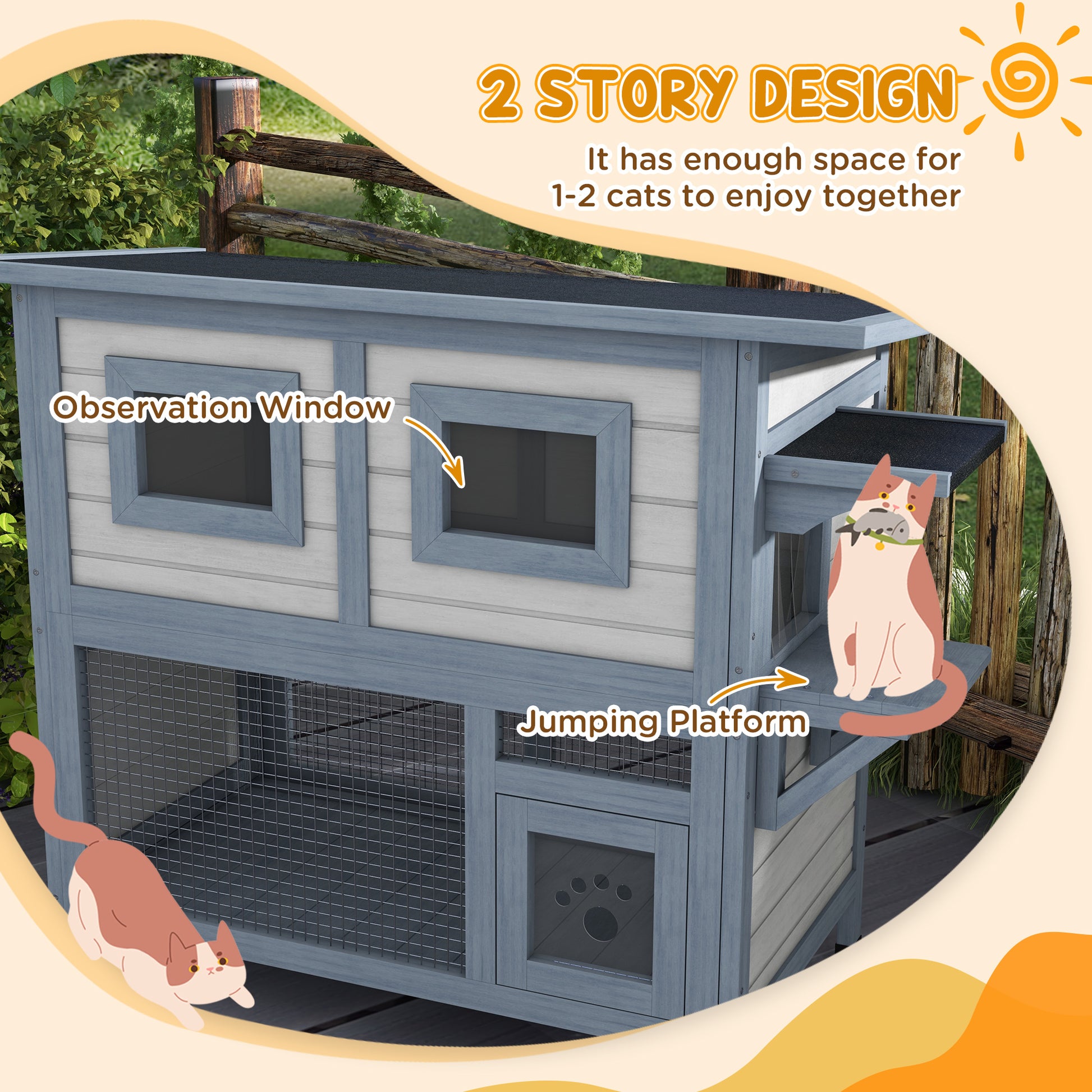 Pawhut Outdoor Cat House, 2 Tier Weatherproof Feral Cat Shelter With Escape Door, Asphalt Roof, Jump Platform, Large Wooden Cat House For Outside, Backyard, Light Gray Light Grey Wood