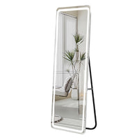 Floor Mirror With Led Light, 63" X 20" Full Length Mirror With Stand, Hanging Mirror Wall Mounted Mirror With Dimming & 3 Color Lighting, Full Body Mirror For Living Room Bedroom Cloakroom, White White Glass Metal