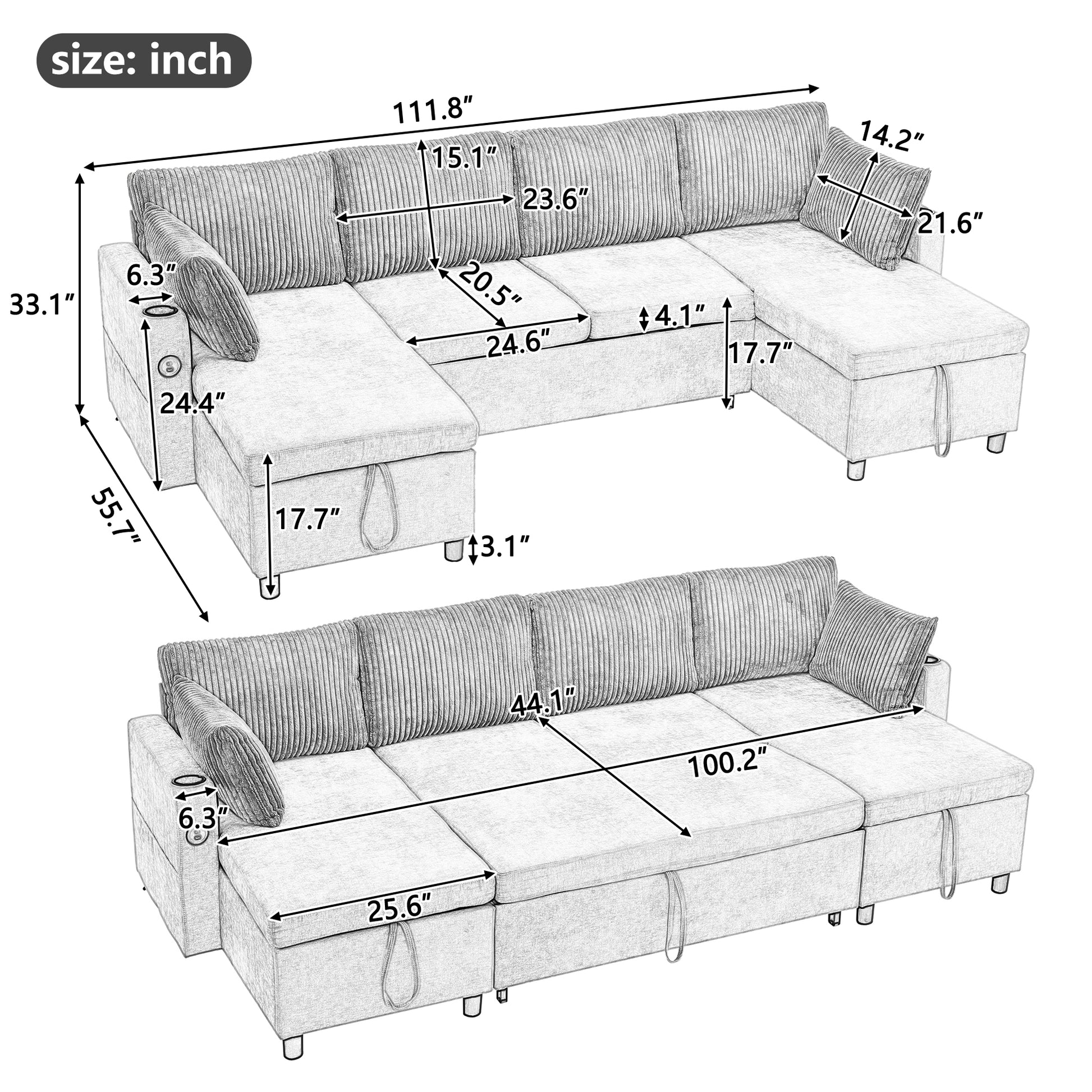 111.8" Sectional Sofa Pull Out Sofa Bed Versatile Sofa Sleeper With Large Storage Space, Two Usb Ports And Two Cup Holders For Living Room, Grey Grey Foam Chenille 4 Seat