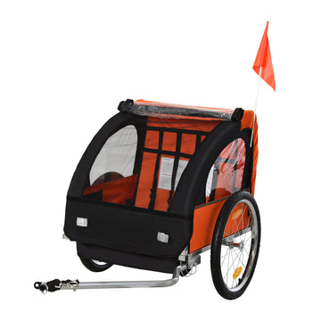 Aosom 2 Seat Child Bike Trailer For Kids With A Strong Steel Frame, 5 Point Safety Harnesses, & Comfortable Seat, Orange Orange Oxford Fabric