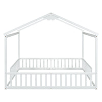 Double Twin House Style Floor Bed With Fence, Guardrails, Without Door, White Twin White American Design Pine