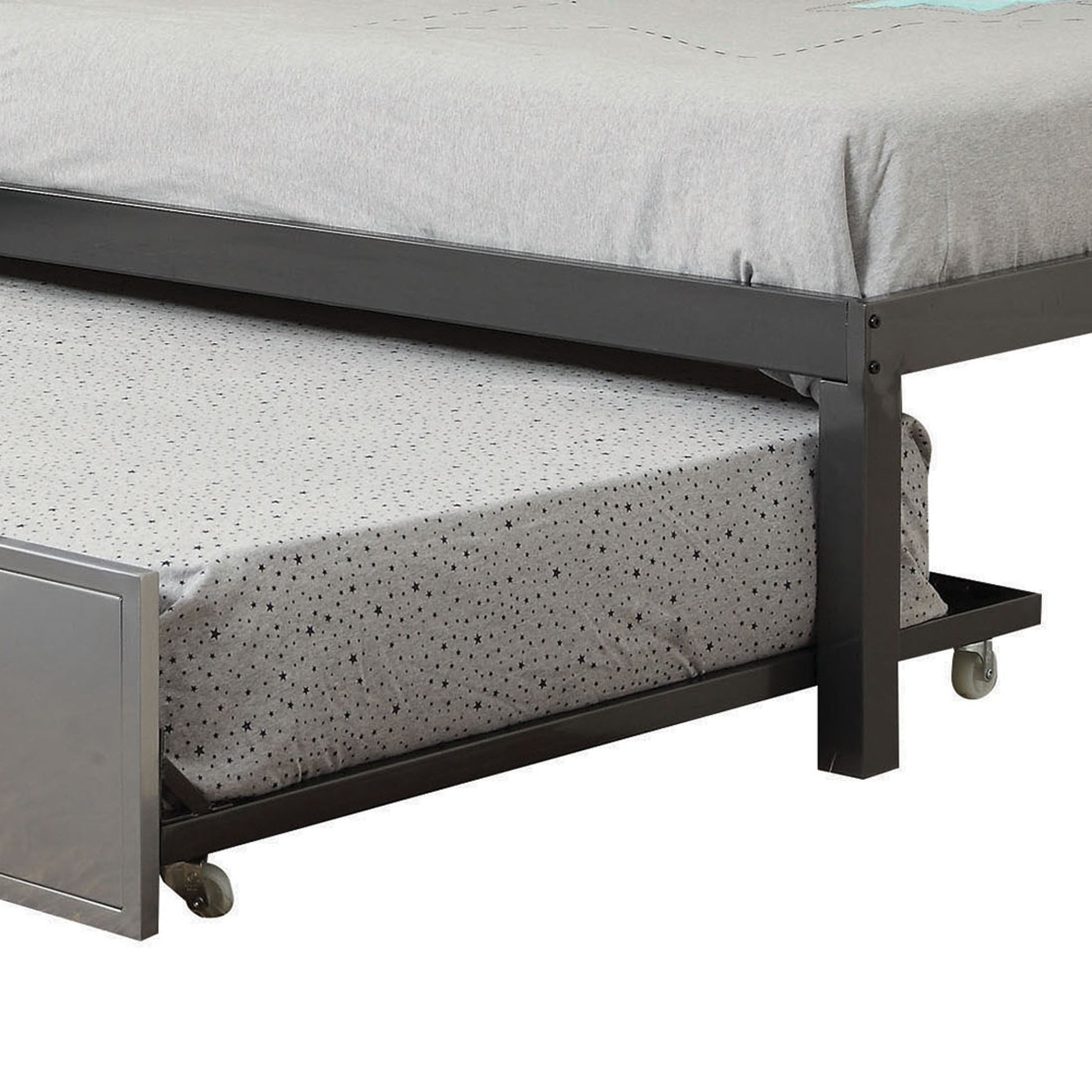 Metal Twin Bed With Bookcase And Rollout Trundle, Black And Silver Black And Silver Wood