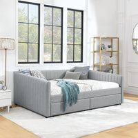 Queen Size Daybed With Two Drawers Trundle Upholstered Sofa Bed, With Vertical Stripes Linen Fabric, Grey 86.5"X65"X30" Grey Linen