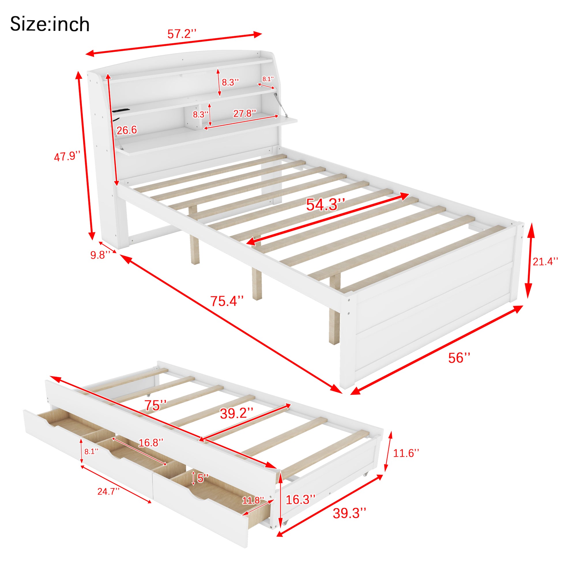 Full Size Wooden Led Platform Bed With Trundle, With Storage Headboard, With Drawers, White Full White Plywood