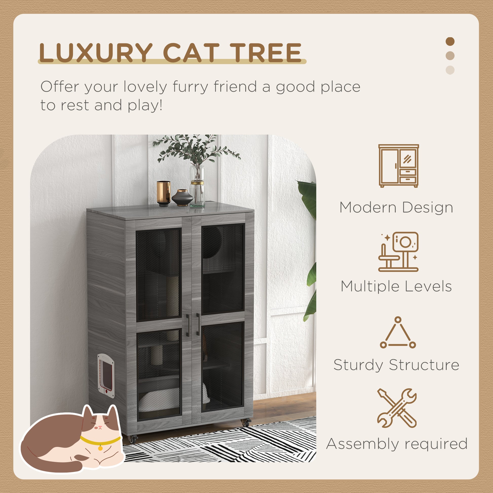 Pawhut Luxury Cat House With Wheels, Kitty Cage Catio Villa For Indoor Cats With Scratching Posts, Condo, Flap Door, Cushion, Gray, 31.5" X 20" X 48.5" Gray Particle Board