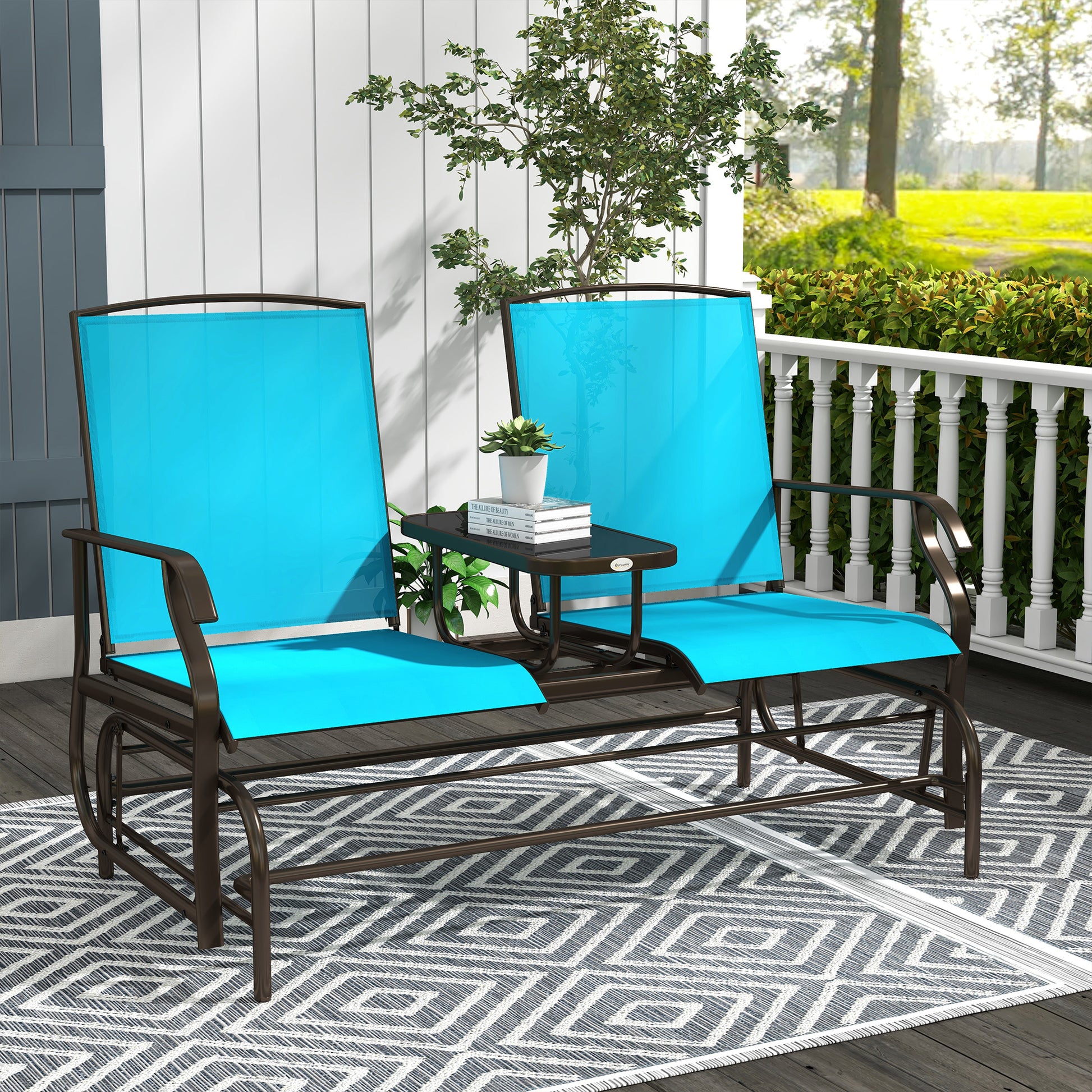 Outsunny Outdoor Glider Bench With Center Table, Metal Frame Patio Loveseat Withmesh Fabric And Armrests For Backyard Garden Porch, Blue Blue Steel