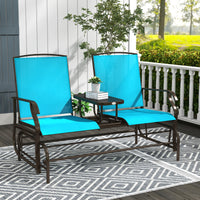 Outsunny Outdoor Glider Bench With Center Table, Metal Frame Patio Loveseat Withmesh Fabric And Armrests For Backyard Garden Porch, Blue Blue Steel