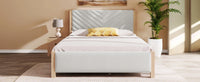 Modern Mid Century Queen Upholstered Platform Bed Frame With Tufted Headboard And Solid Wood Legs,No Box Spring Needed,Beige Box Spring Not Required Queen Beige Wood Bedroom Mid Century Modern,Modern Bed Frame Linen Wood