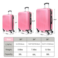 Hard Shell Abs 3 Piece Luggage Set 20 24 28 Inches , With Tsa Lock,And 360 Rotating Wheel ,Effortless Mobility Carry On Suitcase Set Men Women Pink Abs