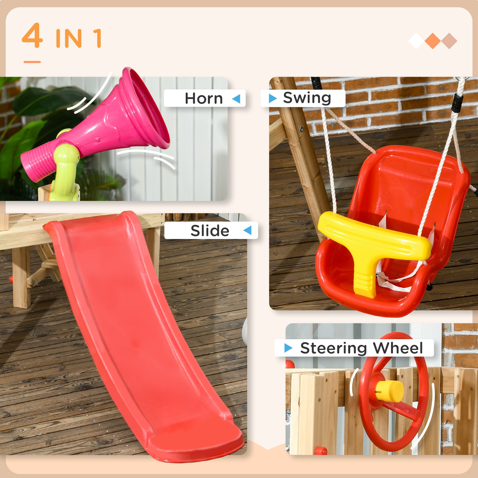 Outsunny 4 In 1 Wooden Swing Set Outdoor Playset With Baby Swing Seat, Toddler Slide, Captain'S Wheel, Horn, Kids Backyard Playground Equipment, Ages 1.5 4 Red Wood