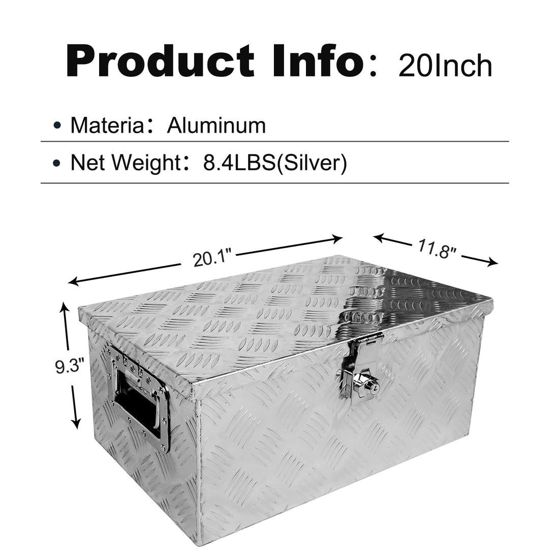 20 Inch Aluminum Truck Tool Box, Truck Bed Tool Storage Box With Side Handle,Lock And 2 Keys, 20.1"X11.8"X9.3", Silver Silver Aluminium