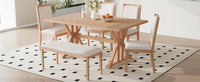 Farmhouse Classical 6 Piece Dining Table Set With Trestle Legs,Kitchen Table Set For 6 With 4 Upholstered Dining Chairs And Bench, Natural Wood Dining Room Solid Wood Rubberwood Rectangular Dining Table With Chair And Bench Upholstered Chair Wood Natural