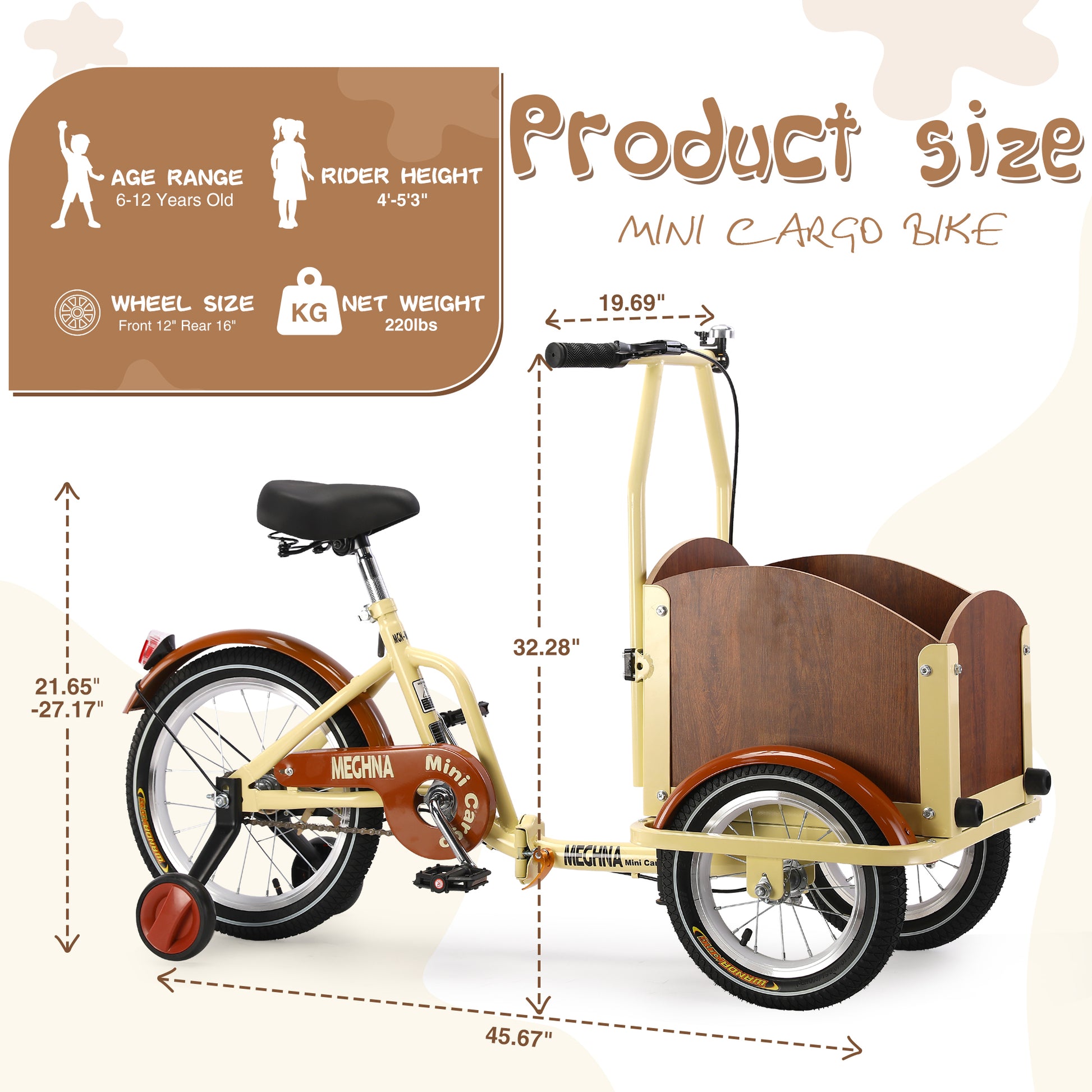 Foldable Tricycle For Kids Ages 6 12,Mini Cargo Bike,Pet Bike,Reverse Tricycle,Outdoor Parent Child Bike For Travel,With Cargo Basket And Training Wheels. Beige Steel