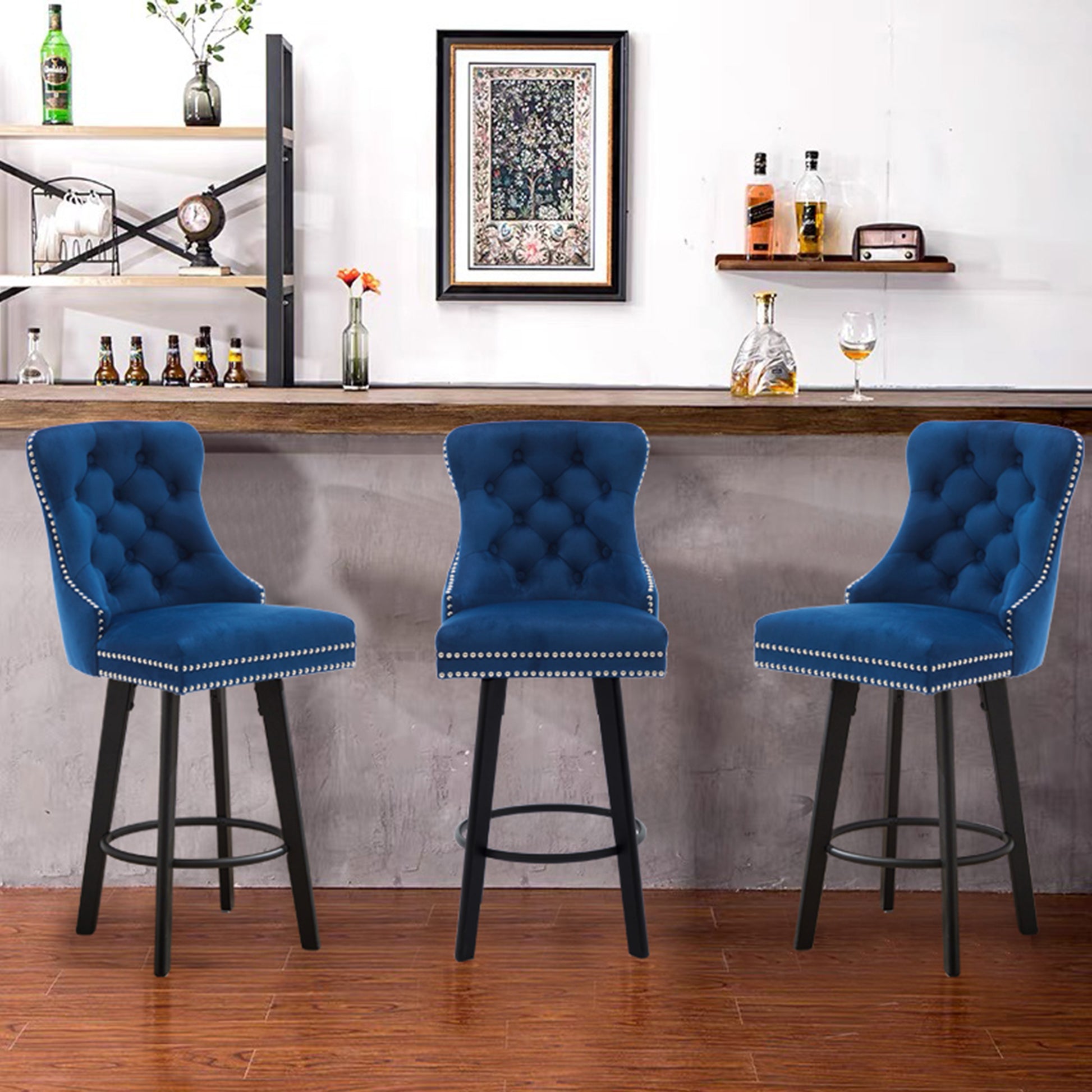 Modern Swivel Bar Stools Velvet Barstools Button Tufted Bar Stools Rivet Trim Bar Stools For Kitchen Island,Bistro, With Metal Pull Ring Sturdy Footrest Large Backrest For Home Bar 3 Navy Blue