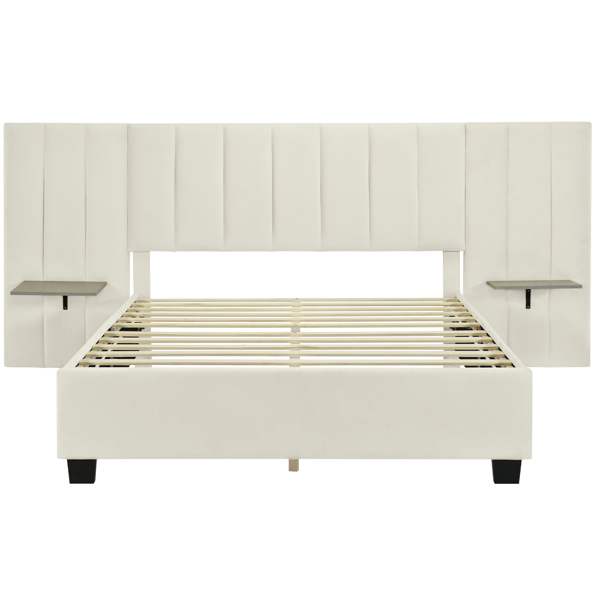 Queen Size Upholstered Platform Bed With Big Headboard, Bedroom Furniture, Velvet, Beige Queen Beige Plywood