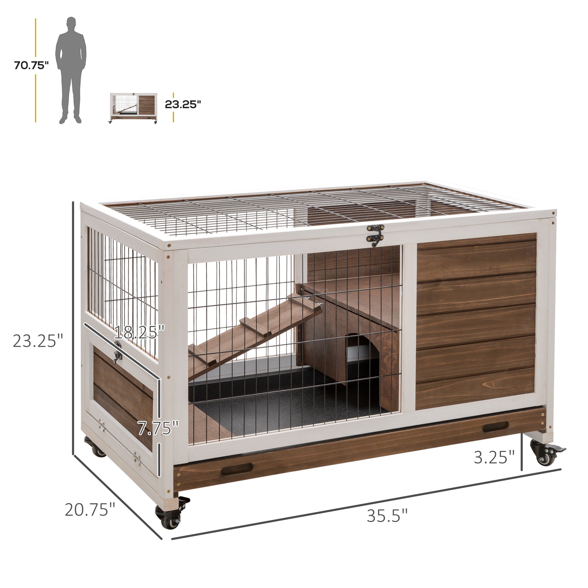 Pawhut Wooden Rabbit Hutch Indoor Outdoor, Elevated Bunny Cage With No Leak Tray Enclosed Run With Wheels, Ideal For Guinea Pigs And Small Animals, Brown Brown Wood