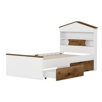 Twin Size House Shaped Wooden Bed With Storage Shelf On The Headboard, Built In Two Storage Drawers, Brown Brown White Wood