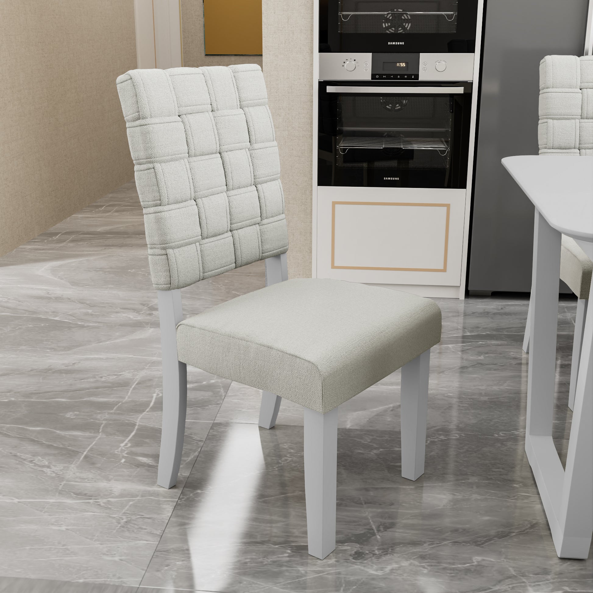 Fx D1 D1Dining Set Include 6*Chair Light Beige Colorlinen & Rubber Wood White Color Legs And 1*Table Light Grey Withe Color Total 7 Pcs Light Beige Wood Fabric