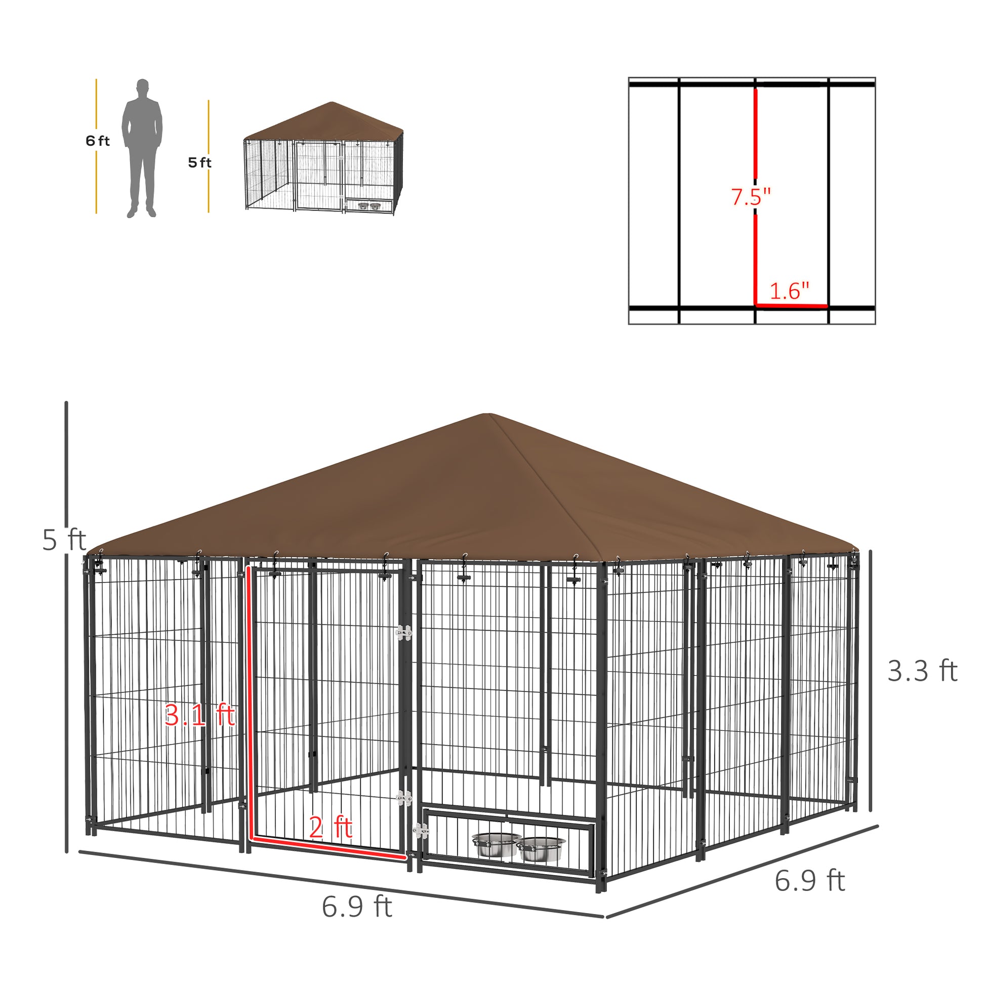 Pawhut Outside Dog Kennel, 6.9' X 6.9' X 5' Puppy Play Pen With Canopy, Garden Playpen Fence Crate Enclosure Cage Rotating Bowl, Coffee Coffee Metal