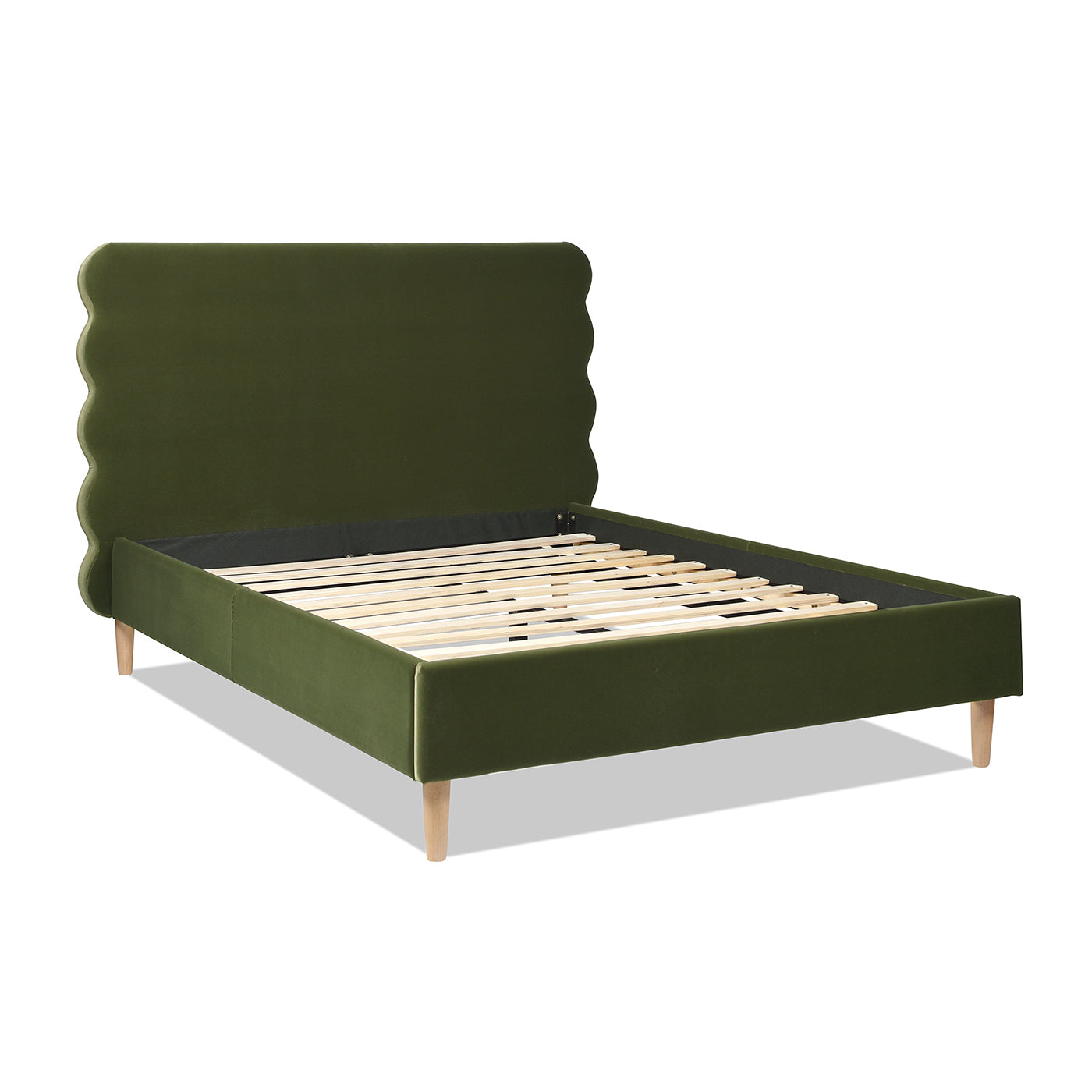 Stockholm Modern Wavy Headboard Platform Bed, Queen, Olive Green Performance Velvet Box Spring Not Required Queen Olive Green Wood Foam Velvet Velvet