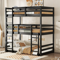 Triple Rubber Wood Bunk Bed With Two Built In Ladders, Guardrails, Twin Over Twin Over Twin, Detachable Triple Twin Bunk Bed,Black Twin Black Bedroom American Design Bed Frame Rubber Wood