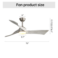 52 Inch Modern With Dimmable 3 Color Led Light 3 Solid Wood Blades Remote Control Reversible Dc Motor For Home Nickel Metal & Wood