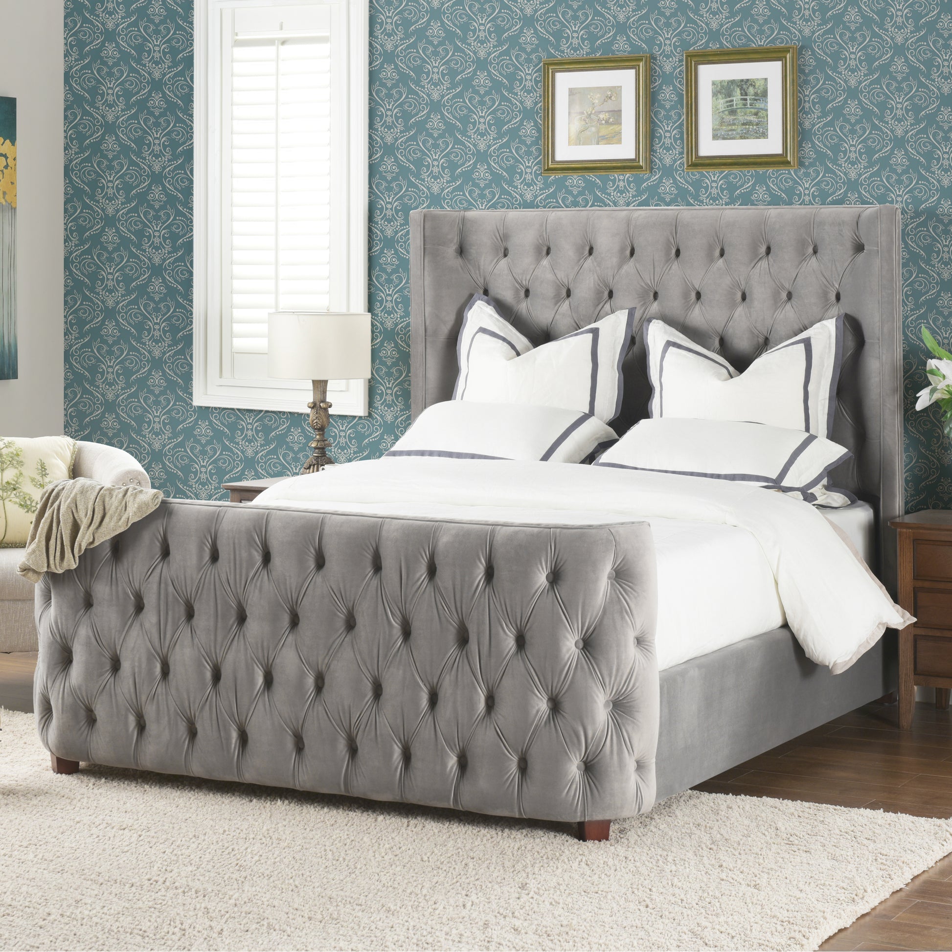 Brooklyn Queen Tufted Panel Bed Headboard And Footboard Set, Opal Grey Velvet Box Spring Required Queen Gray Wood Foam Velvet Velvet