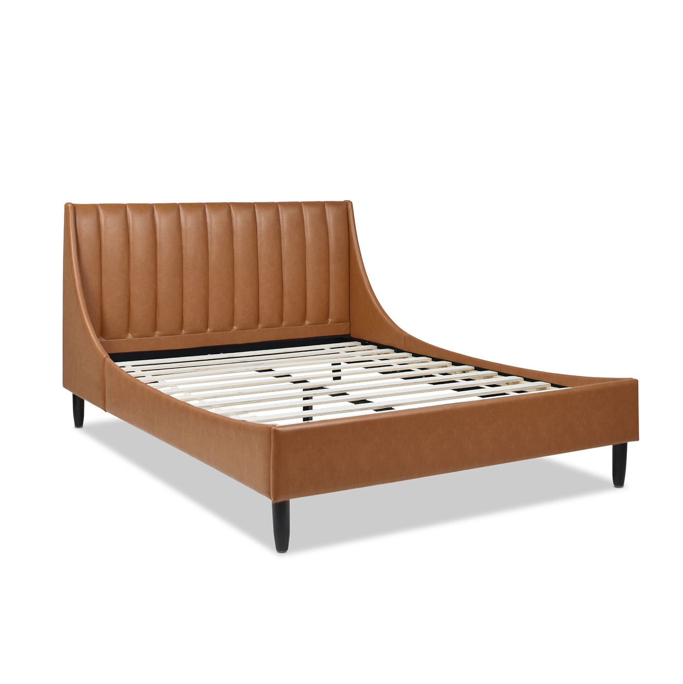 Aspen Vertical Tufted Modern Headboard Platform Bed Set, Queen, Caramel Tan Brown Faux Leather Box Spring Not Required Queen Tan Brown Wood Foam Faux Leather Faux Leather