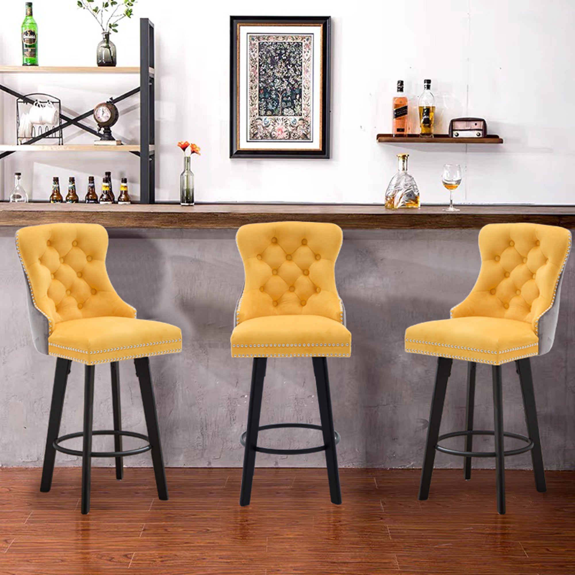 Modern Swivel Bar Stools Velvet Barstools Button Tufted Bar Stools Rivet Trim Bar Stools For Kitchen Island,Bistro, With Metal Pull Ring Sturdy Footrest Large Backrest For Home Bar 3 Dark