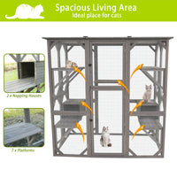 Catio Outdoor Cat Enclosure Cat Catio Cat House, Cat Cage Condo Indoor Playpen Kitty House Shelter With Multi Platforms, Waterproof Roof, Pull Out Tray 71.3" L X 38.4" W X 70.7" H Grey Solid Wood