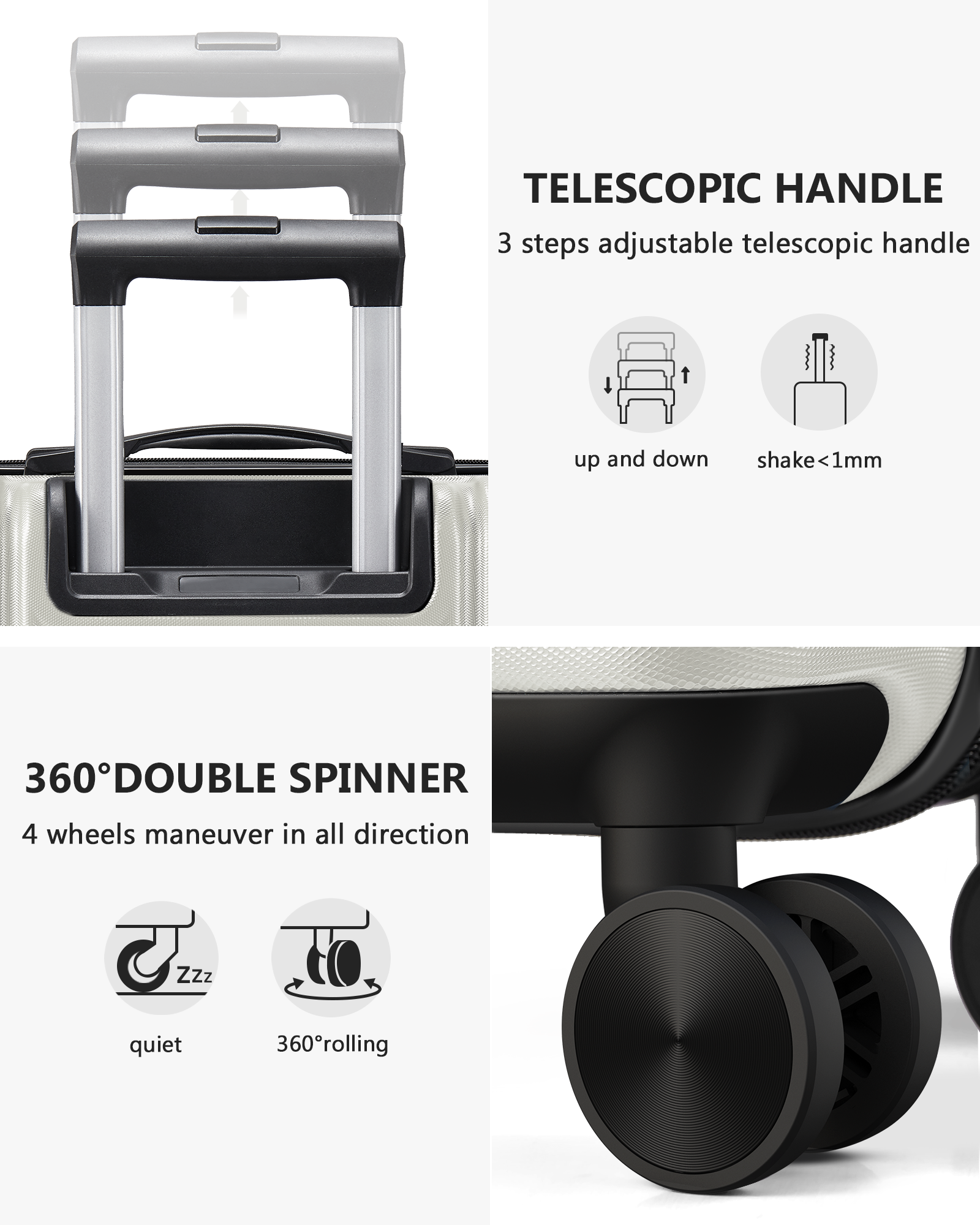 3 Piece Luggage Set With Tsa Lock& Double Spinner Wheels, Expandable For Large Storage Off White Abs