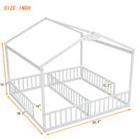 Double Twin House Style Floor Bed With Fence, Guardrails, Without Door, White Twin White American Design Pine