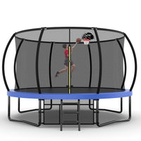 12Ft Recreational Kids Trampoline With Safety Enclosure Net & Ladder, Outdoor Recreational Trampolines Blue Steel