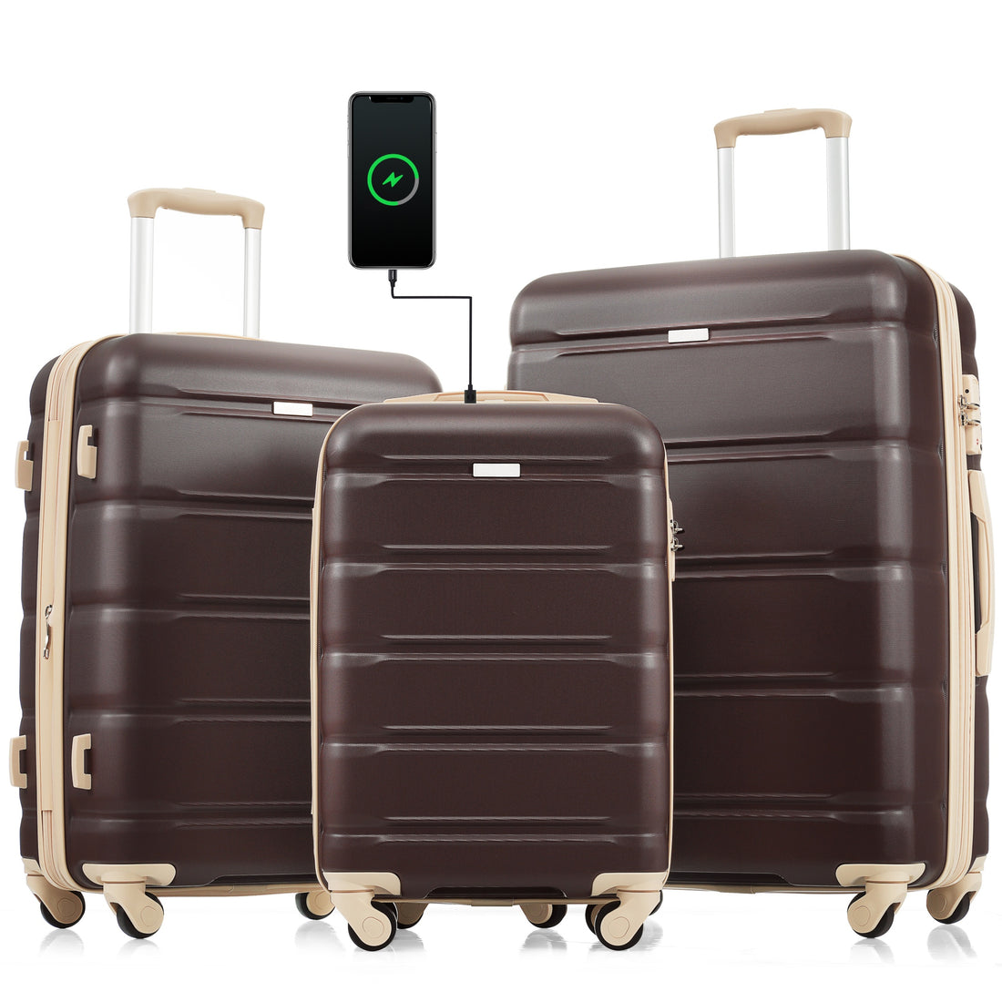 Luggage Set Of 3, 20 Inch With Usb Port, Airline Certified Carry On Luggage With Cup Holder, Abs Hard Shell Luggage With Spinner Wheels, Brown,Products In Stock Mid May Brown Abs