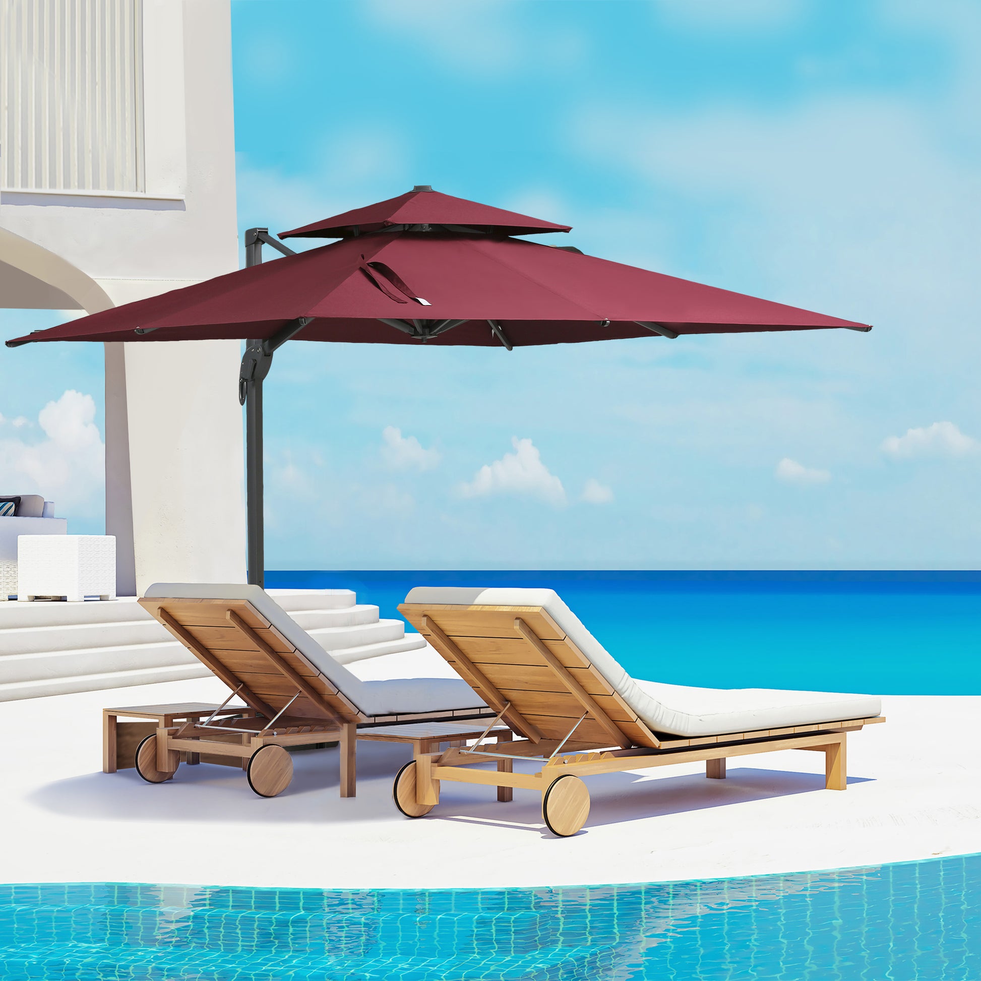 Outsunny 10Ft Offset Patio Umbrella, Hanging Cantilever Umbrella, Square Shape, Aluminum Cross Base, Tilt, 360 Degree Rotation, Red Red Aluminum