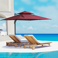 Outsunny 10Ft Offset Patio Umbrella, Hanging Cantilever Umbrella, Square Shape, Aluminum Cross Base, Tilt, 360 Degree Rotation, Red Red Aluminum