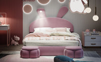 Full Size Upholstered Platform Bed With Cartoon Ears Shaped Headboard And Light, Pink Box Spring Not Required Full Pink Wood Bedroom Bed Frame Velvet Upholstered