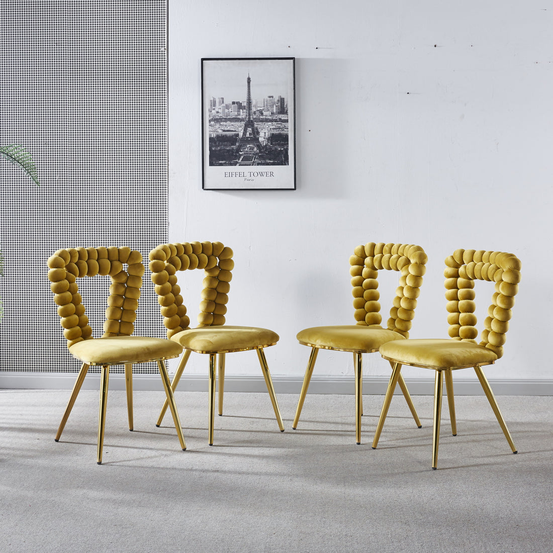 Yellow And Gold Modern Chair Set Of 4 With Iron Tube Legs, Soft Cushions And Comfortable Backrest, Suitable For Dining Room, Living Room, Cafe,Hairball Back Yellow Fabric