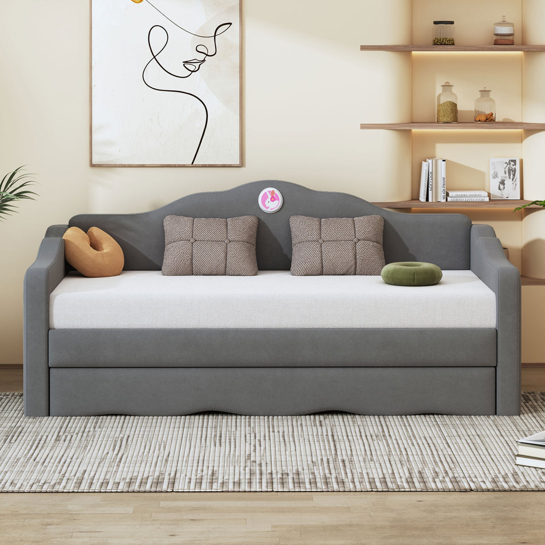 Twin Size Upholstered Daybed With Wave Shaped Trundle, Gray Gray Velvet