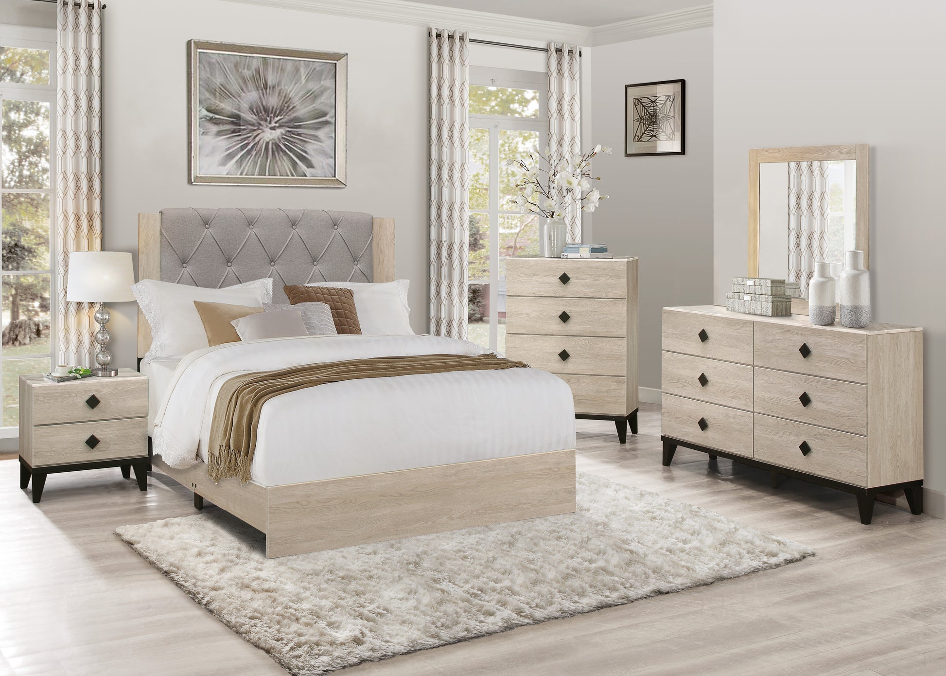 Modern Design Bedroom Furniture 1Pc Cream Finish And Black 6 Drawers Beautiful Dresser With Faux Marble Top Black,Cream Modern Wood