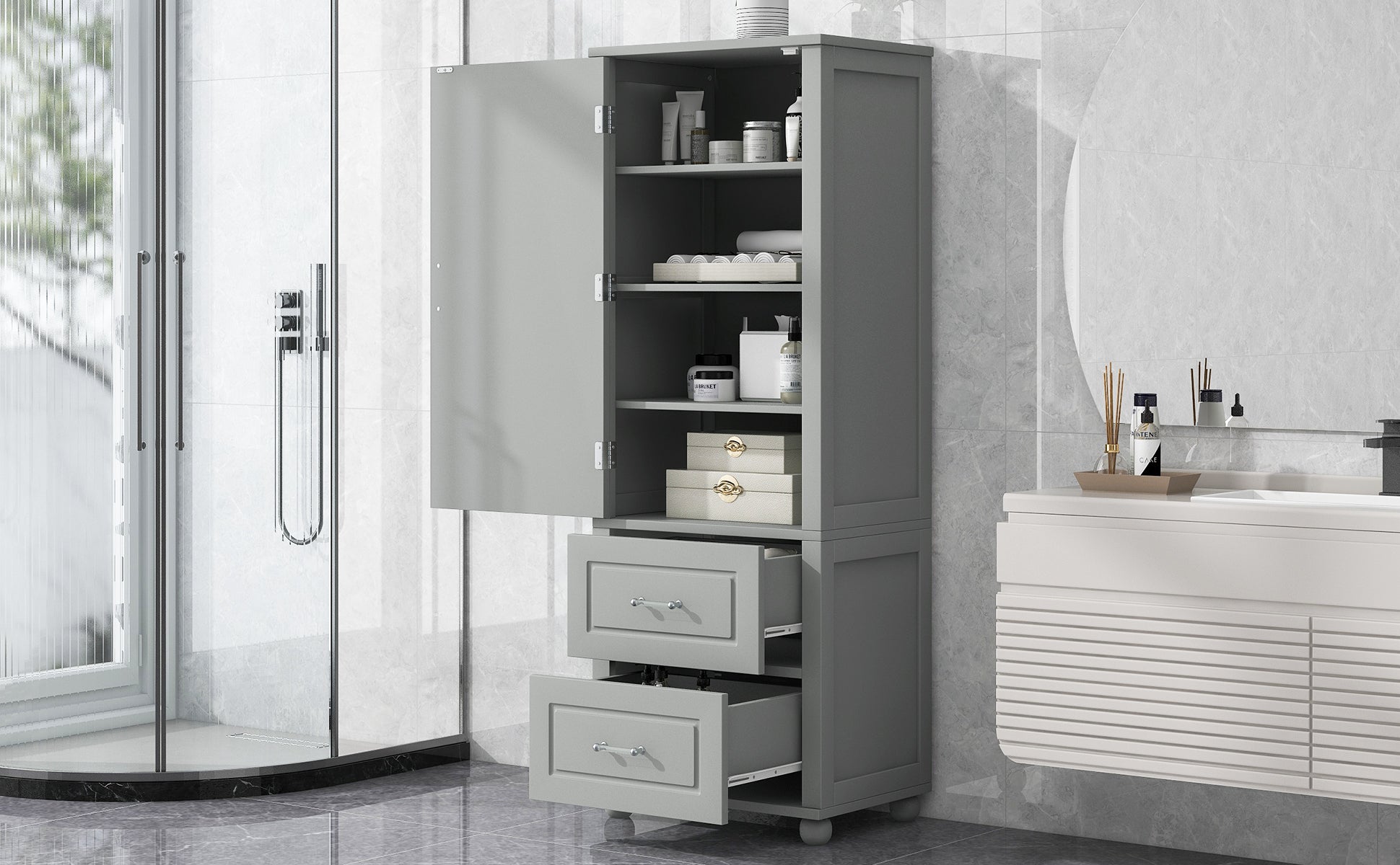 Tall Bathroom Storage Cabinet, Freestanding Storage Cabinet With Two Drawers And Adjustable Shelf, Mdf Board With Painted Finish, Grey Grey Mdf