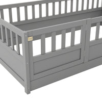 Twin Size Floor Bed, Integral Construction With Super High Security Barrier, Door, Children'S Floor Bed Frame, Montessori Wooden Children'S Floor Bed, Grey Box Spring Required Twin Grey Wood Brown