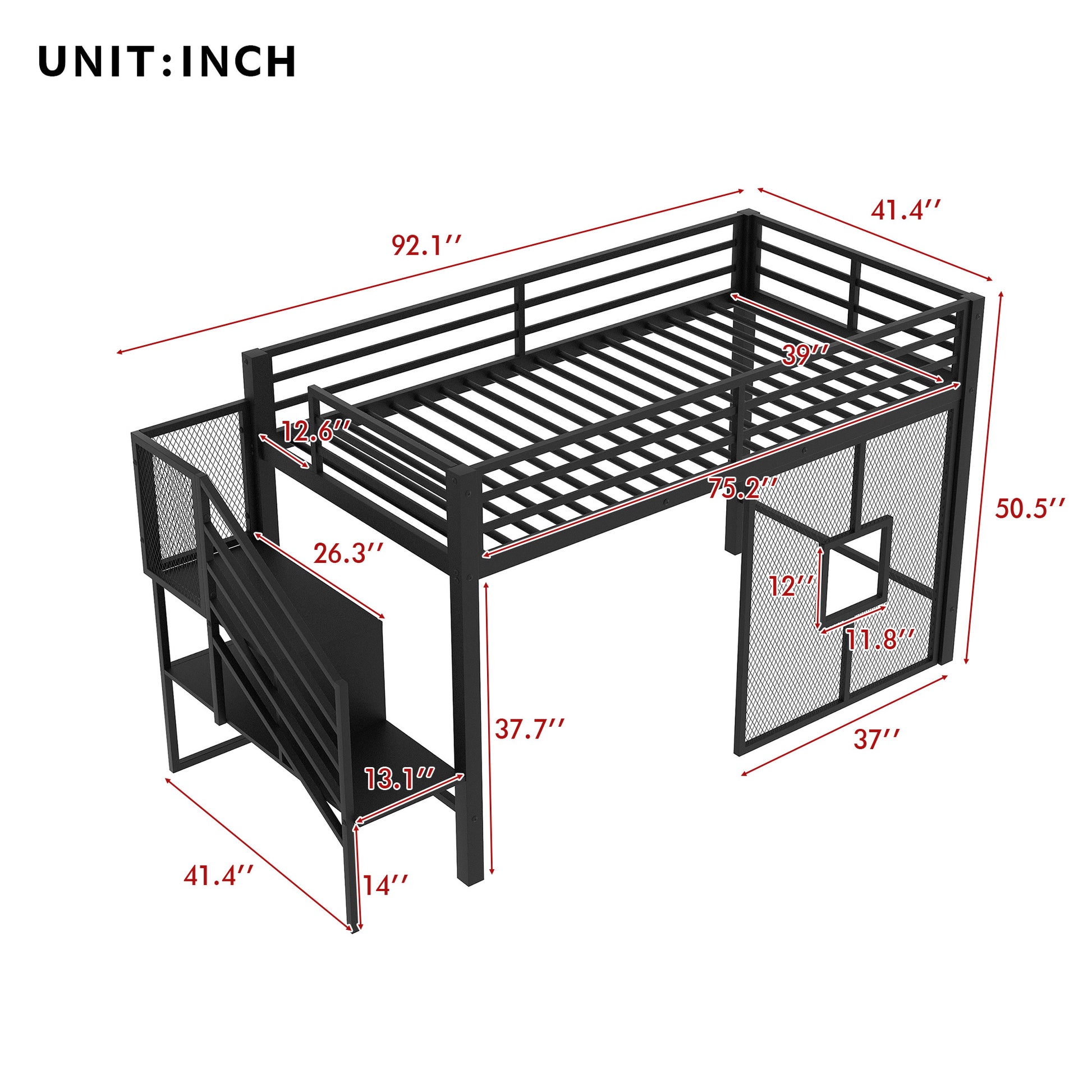 Twin Size Metal Low Loft Bed Frame With Storage Staircase And Iron Mesh,Black Expected Arrival Time:10.10 Black Metal