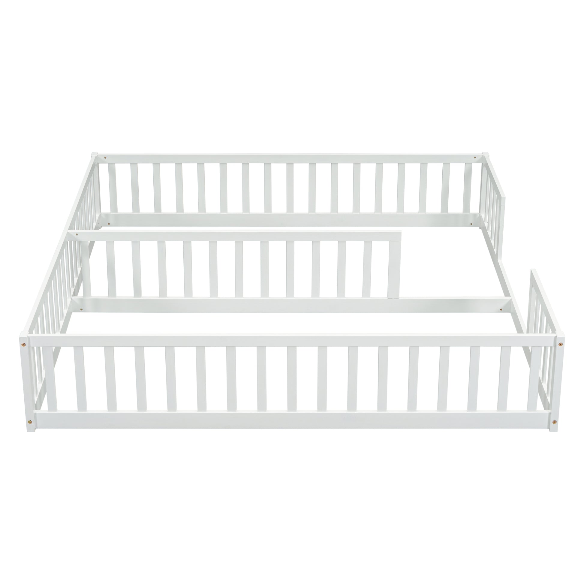 Double Twin Floor Bed With Fence, Guardrails, Without Door, White Twin White American Design Pine