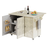 K&K 51.2"W Ash Veneer Not Cheap Paper Solid Wood Handwoven Kitchen Island With Drop Leaf, Coastal Kitchen Island On Wheels With Internal Storage Rack, Rolling Kitchen Cart, Champagne Champagne