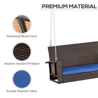 Outsunny 2 Person Wicker Hanging Swing Bench, Front Porch Swing Outdoor Chair With Cushions 550 Lbs. Weight Capacity For Backyard, Garden, Blue Blue Rattan Metal