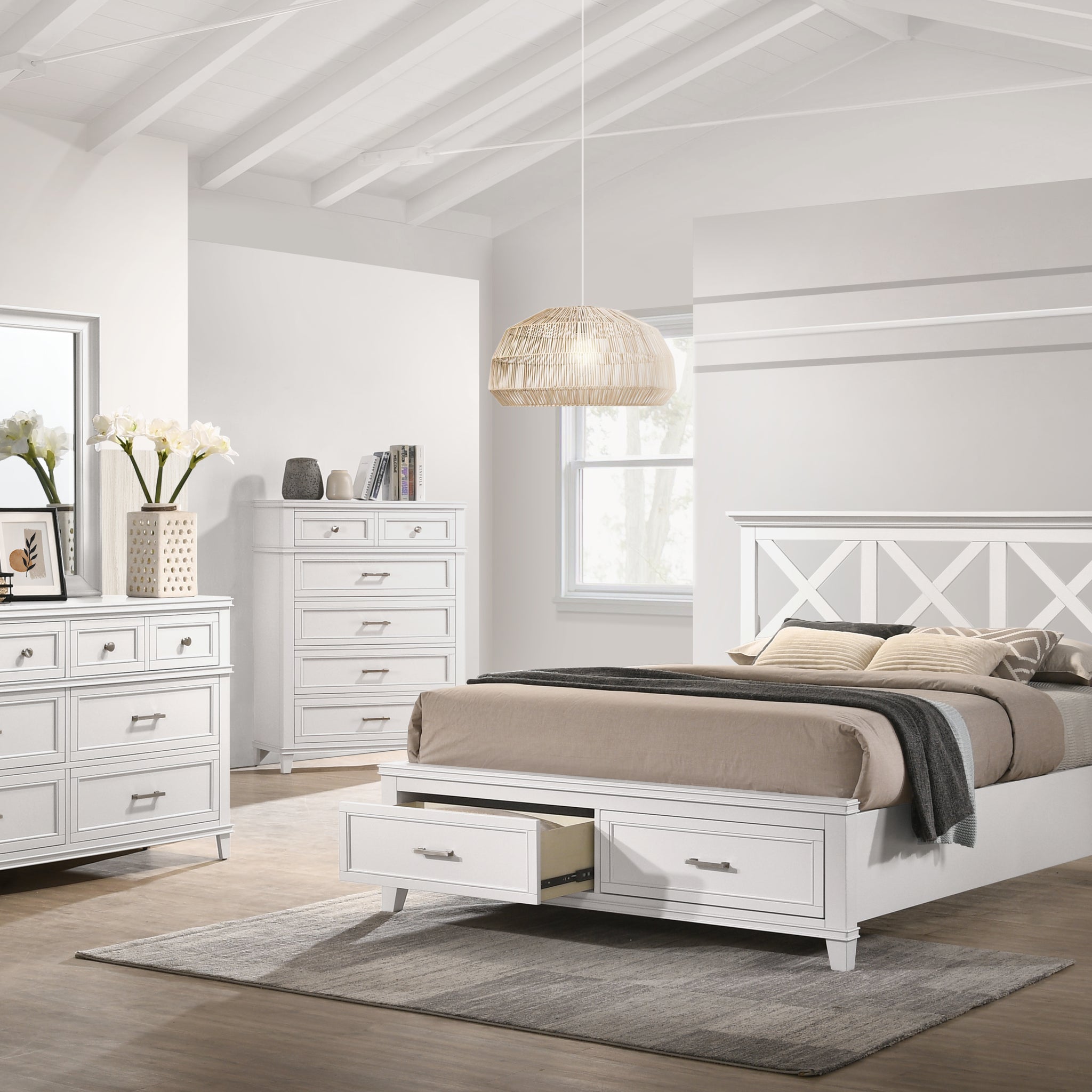 Queen X Storage Bed White Solid Wood Mdf