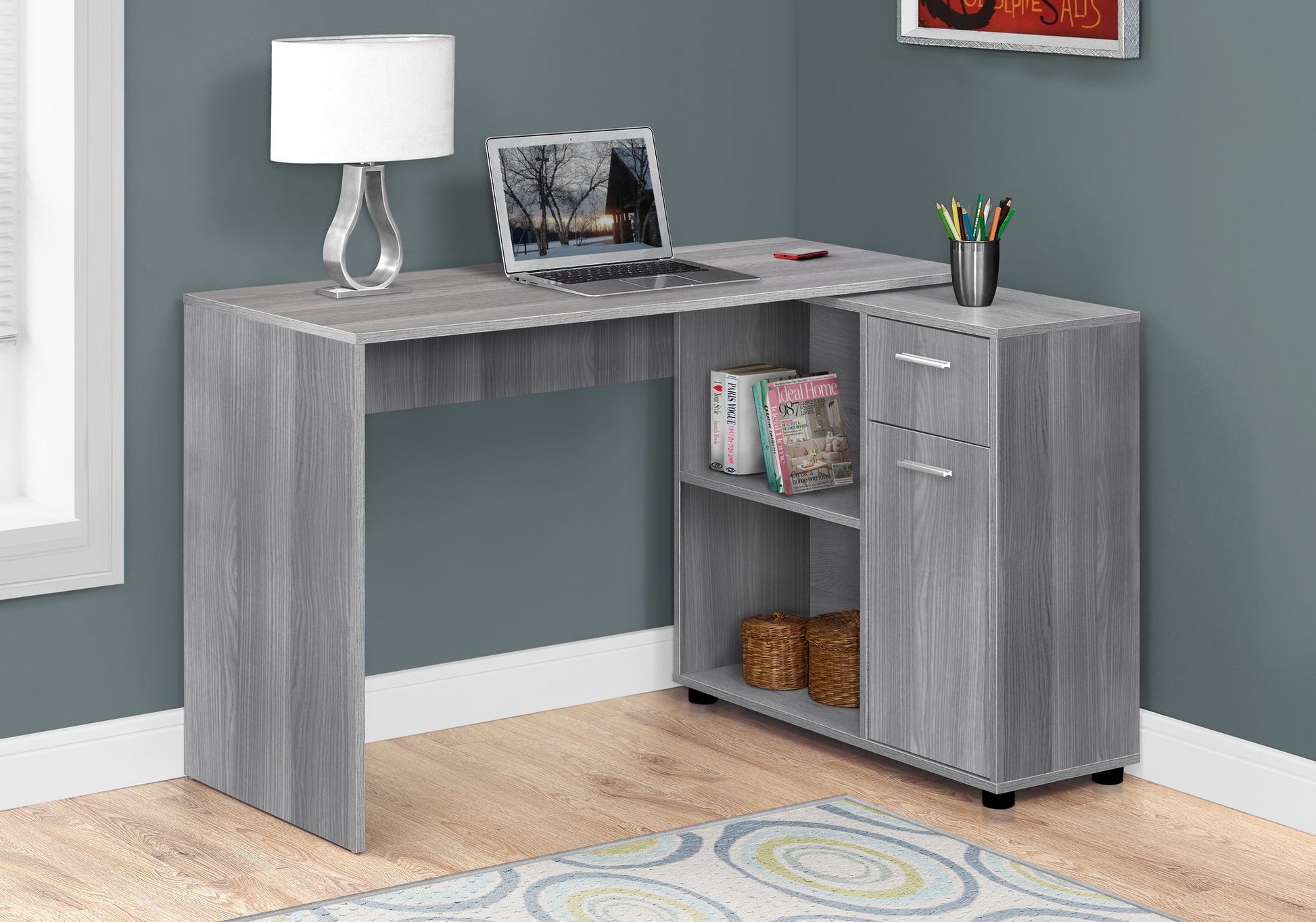 Computer Desk, Home Office, Corner, Storage Drawers, 46"L, L Shape, Work, Laptop, Grey Laminate, Contemporary, Modern Grey Particle Board