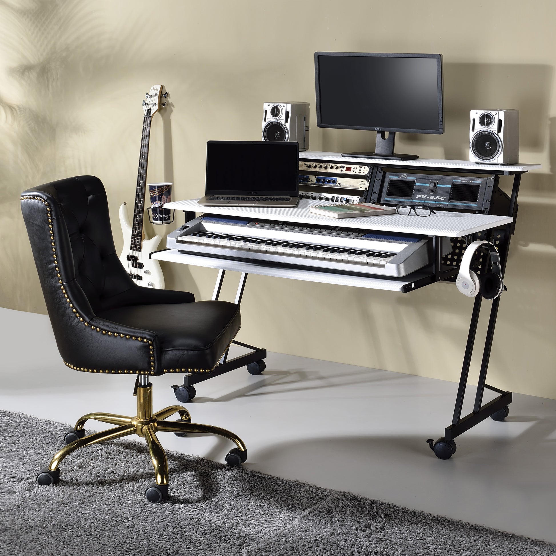 White And Black Music Recording Studio Desk With Metal Base White Black Keyboard Tray Computer Desk Office Rectangular Shelves Wood Metal